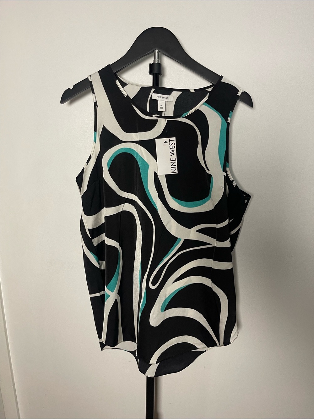 Nine West Black White Teal Abstract Sleeveless Blouse NWT